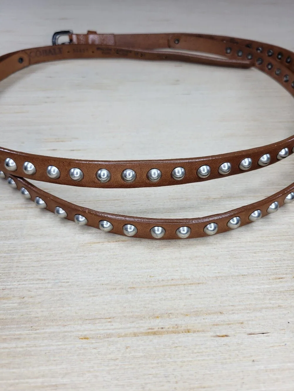 Cobalt Brown Italian Leather Double Layer Skinny Metal Studded Belt M/L